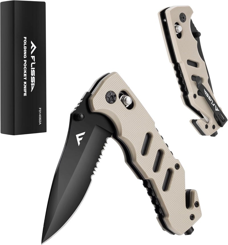 FLISSA Folding Pocket Knife with Clip, Glass Breaker and Seatbelt Cutter, Survival Knife for Emergency Rescue Situations, EDC Knife for Tactical, Hunting, Camping, Outdoor, Unique Gifts for Dad, Father - Image 1